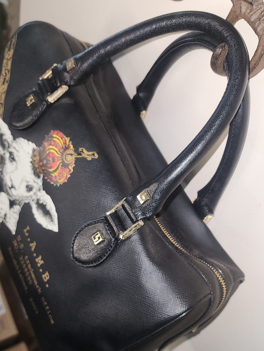 RARE L.A.M.B. Black Graphic Leather Lamb Satchel Bag Gwen Stefani Coin Purse - Picture 5 of 16